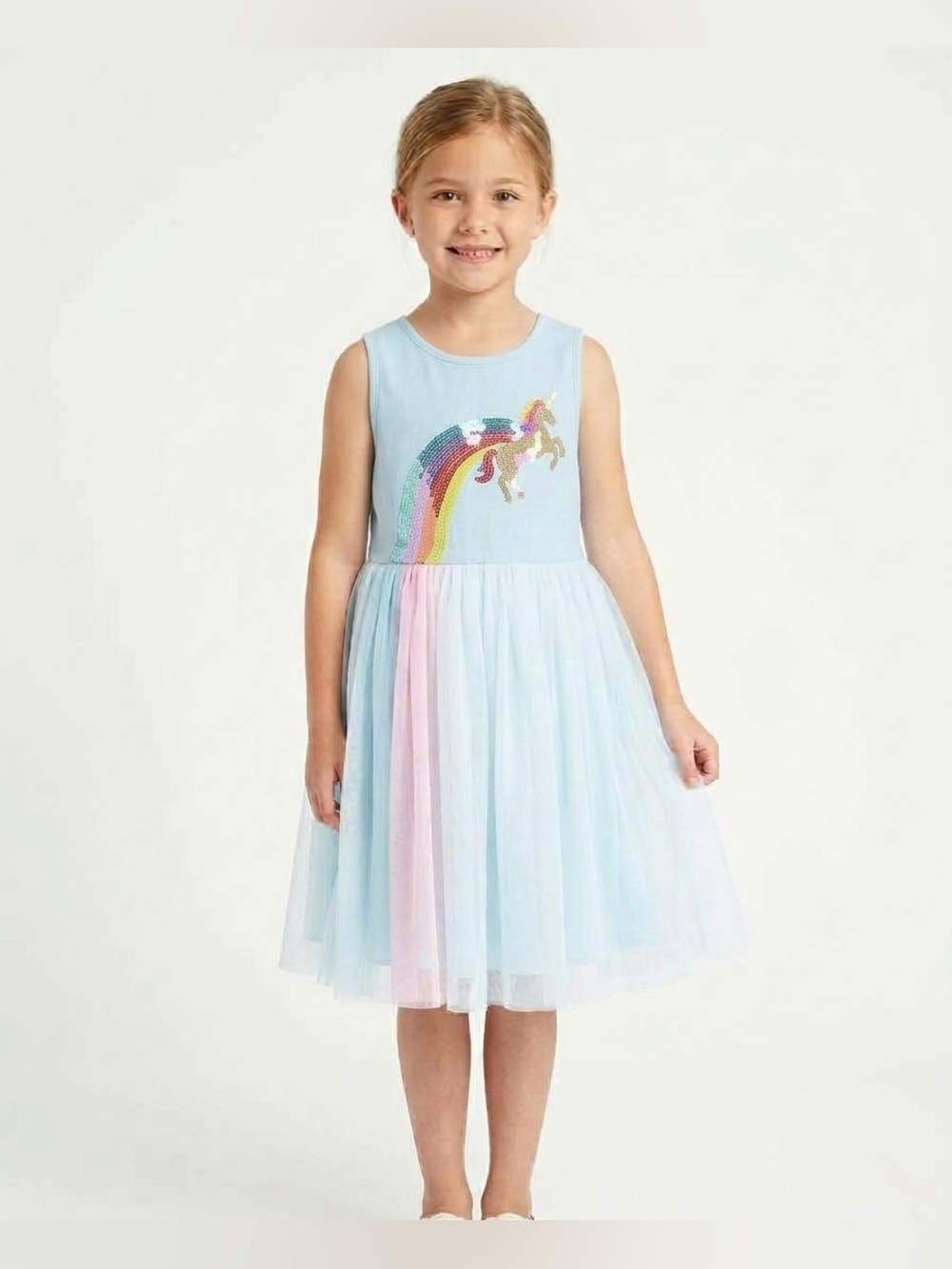 Zhenzi Light Blue Unicorn Sequin Tulle Dress with Pastel Panels
